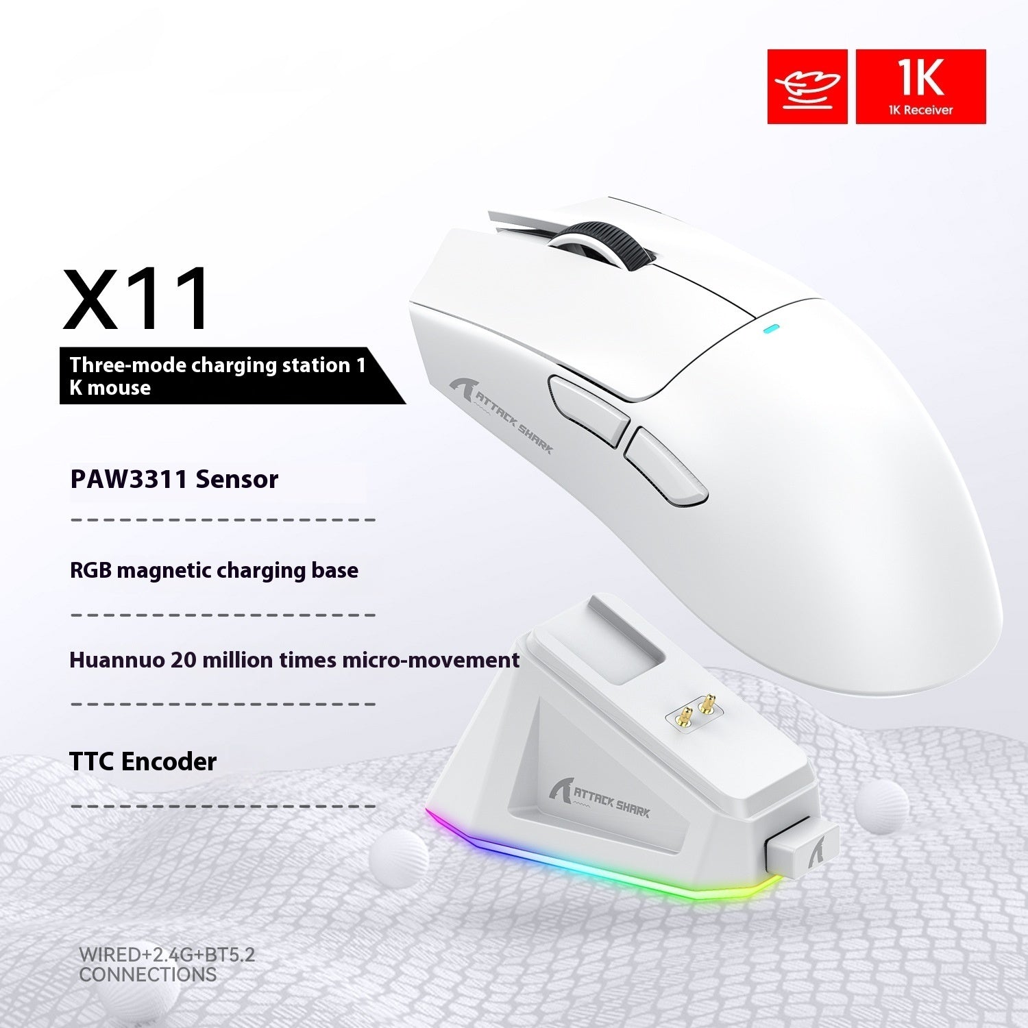 Mouse Gamer Attack Shark X11 Tri-Mode (Com Fio, Wireless e Bluetooth) + Base de Carregamento RGB