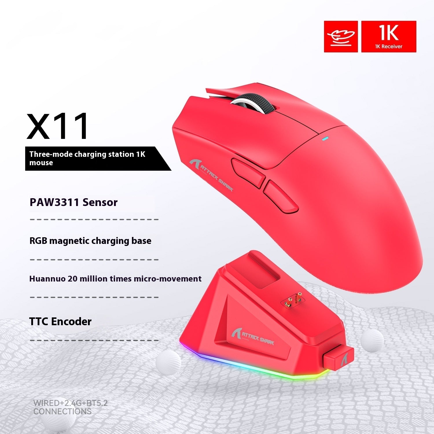 Mouse Gamer Attack Shark X11 Tri-Mode (Com Fio, Wireless e Bluetooth) + Base de Carregamento RGB