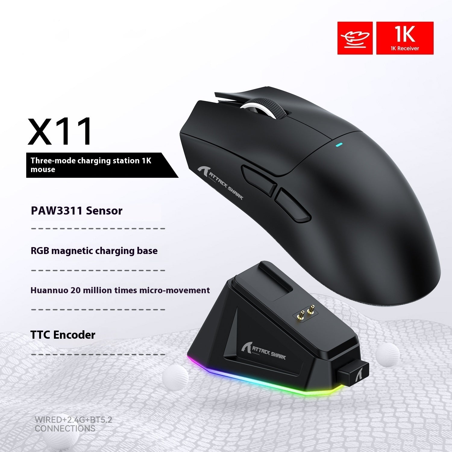 Mouse Gamer Attack Shark X11 Tri-Mode (Com Fio, Wireless e Bluetooth) + Base de Carregamento RGB