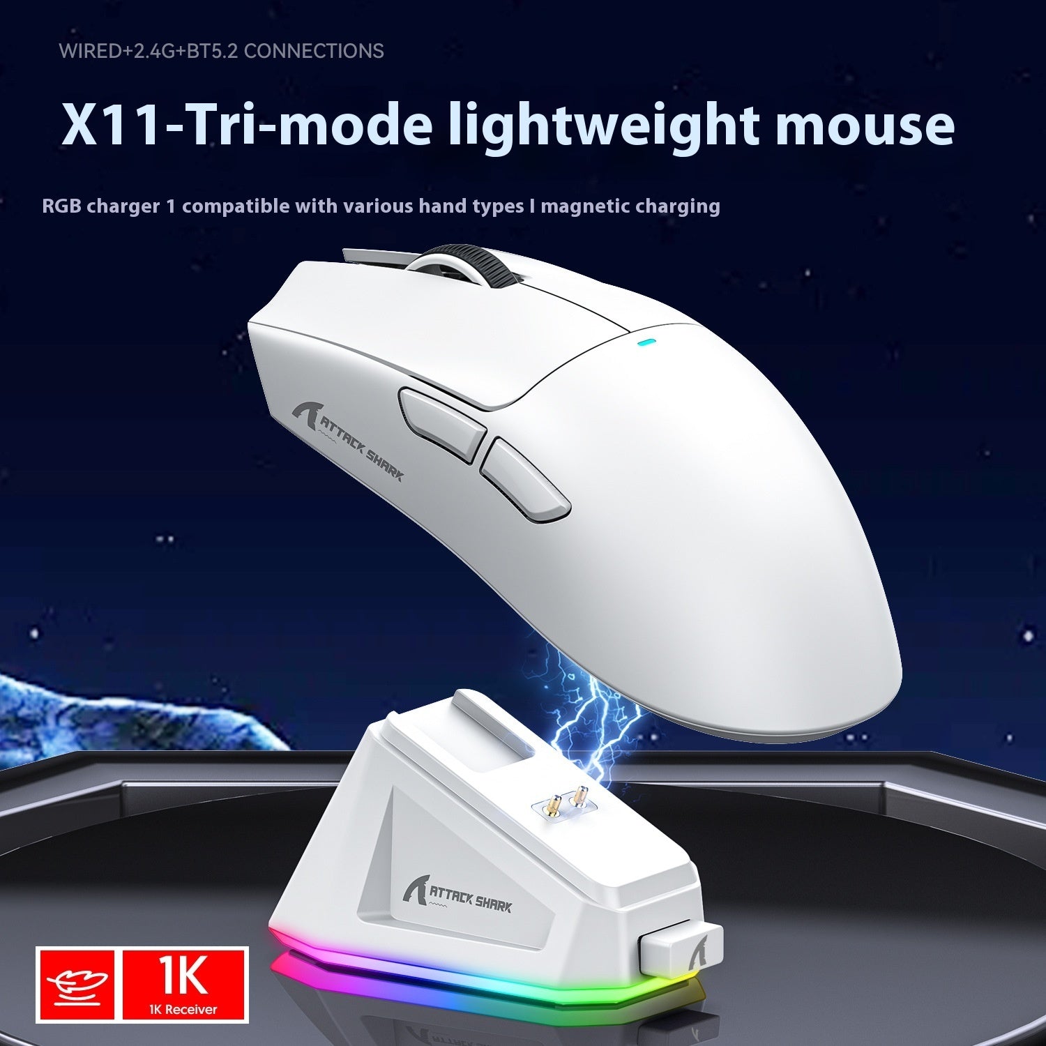Mouse Gamer Attack Shark X11 Tri-Mode (Com Fio, Wireless e Bluetooth) + Base de Carregamento RGB